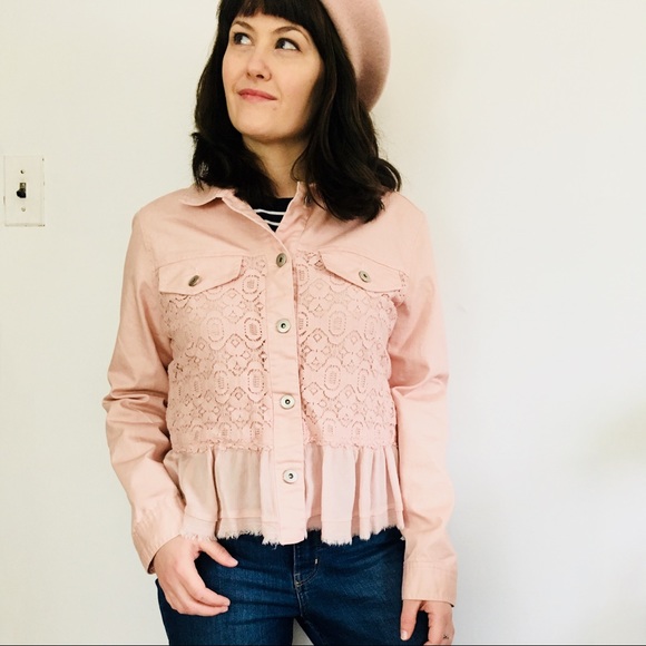 Kate & Mallory Jackets & Blazers - Blush Pink Denim and Lace Jean Jacket